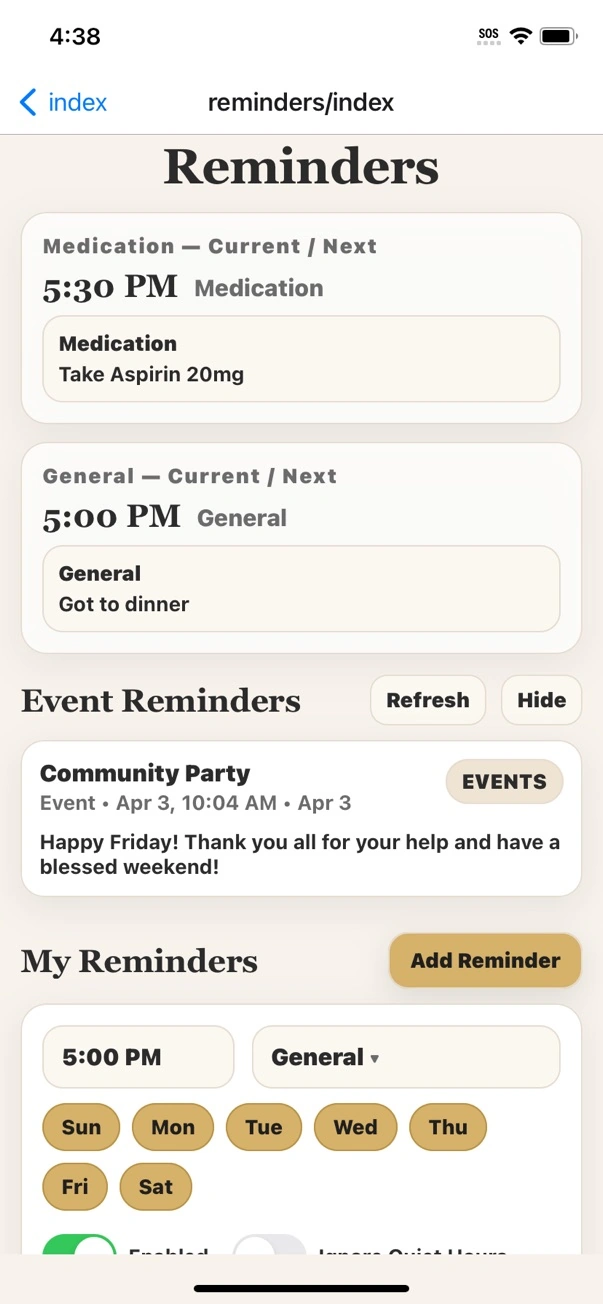 Reminders screen
