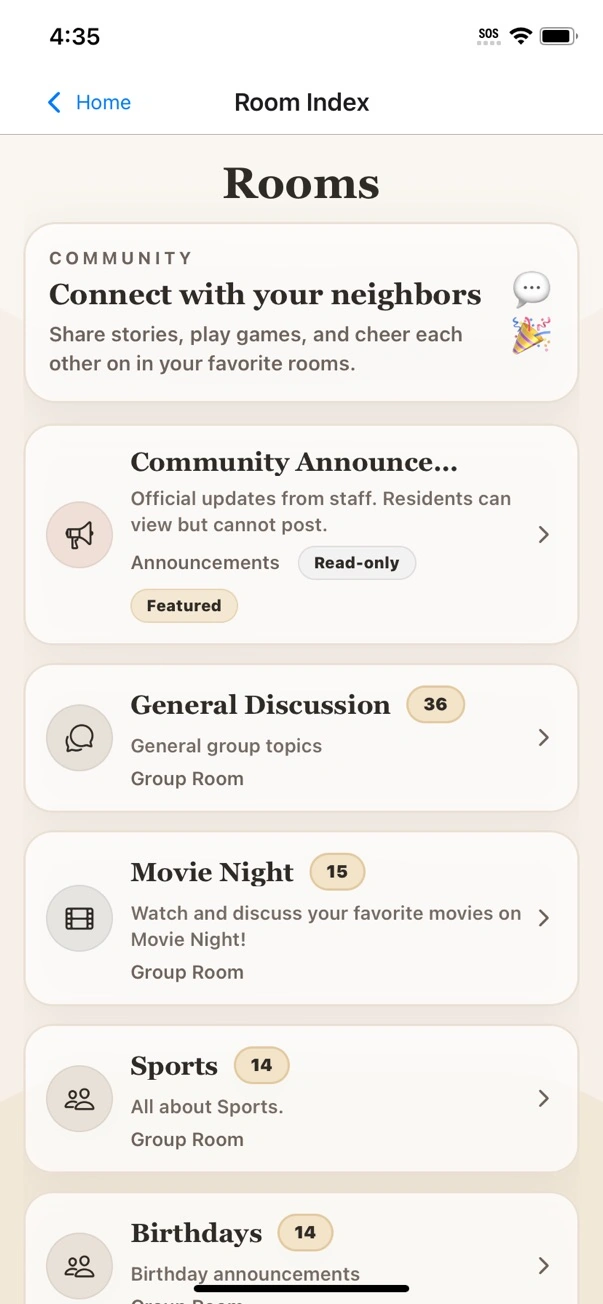 Rooms screen
