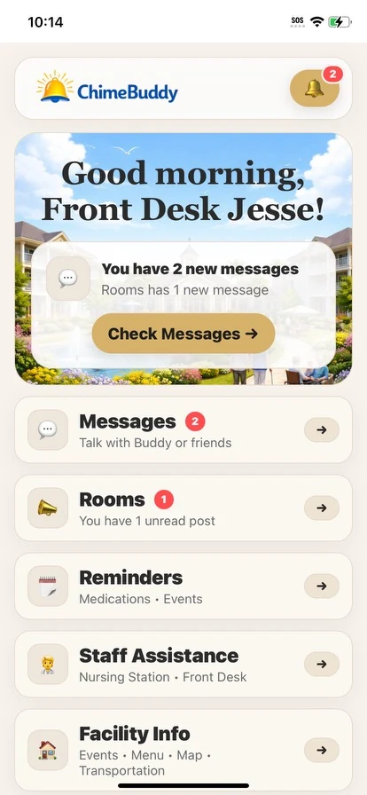 ChimeBuddy staff home dashboard screen