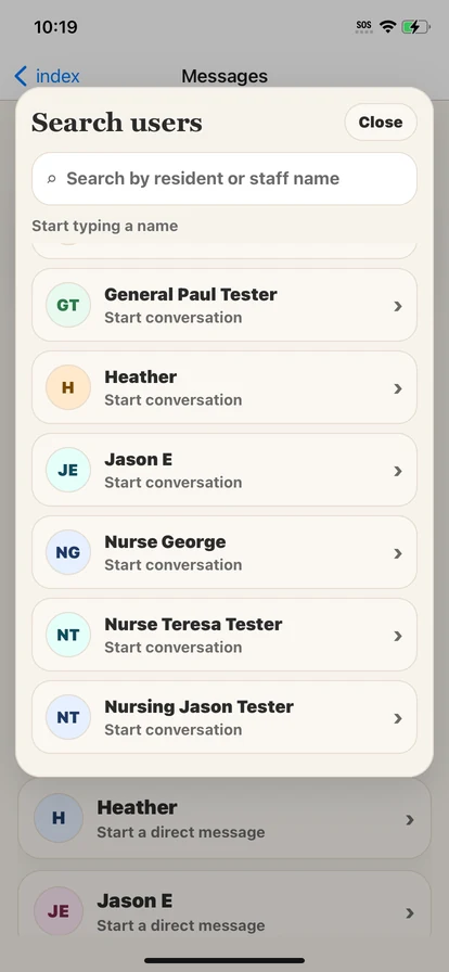 Staff message search screen