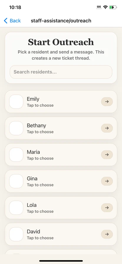 ChimeBuddy staff outreach screen