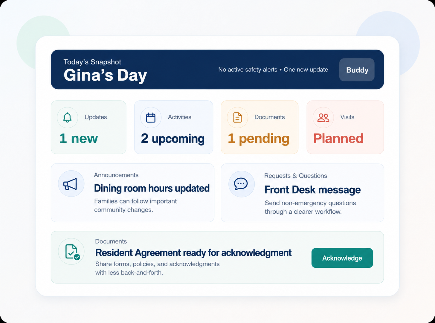 Illustration of a family portal dashboard with updates, visits, and document tools