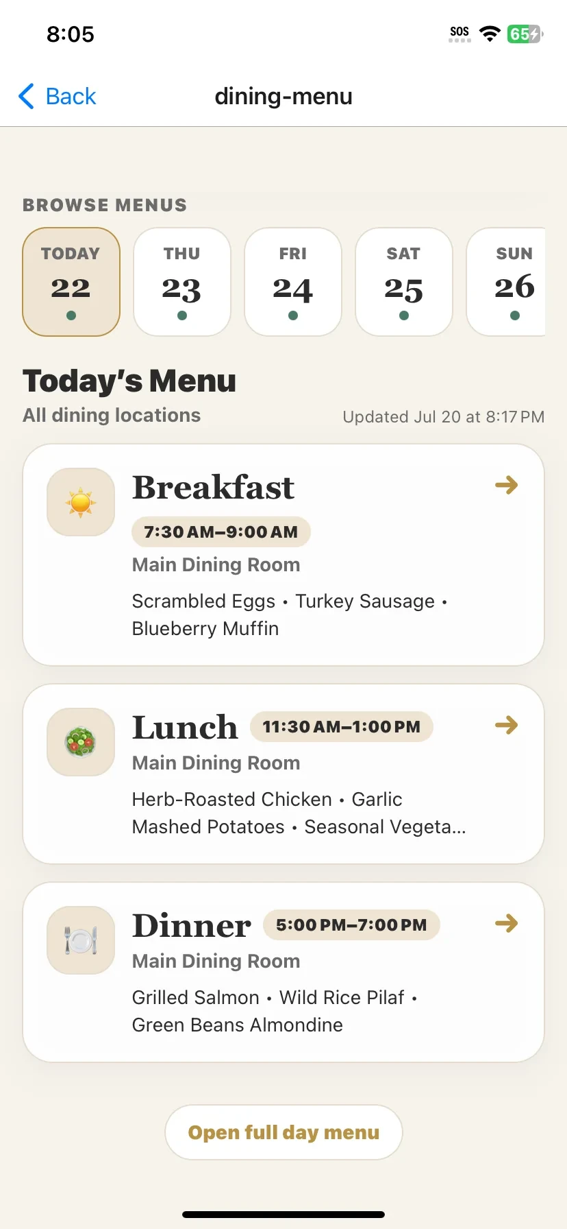 ChimeBuddy dining menu screen