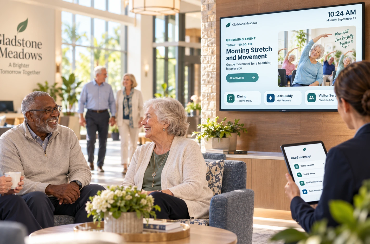Residents enjoying time together in a bright senior living community lounge