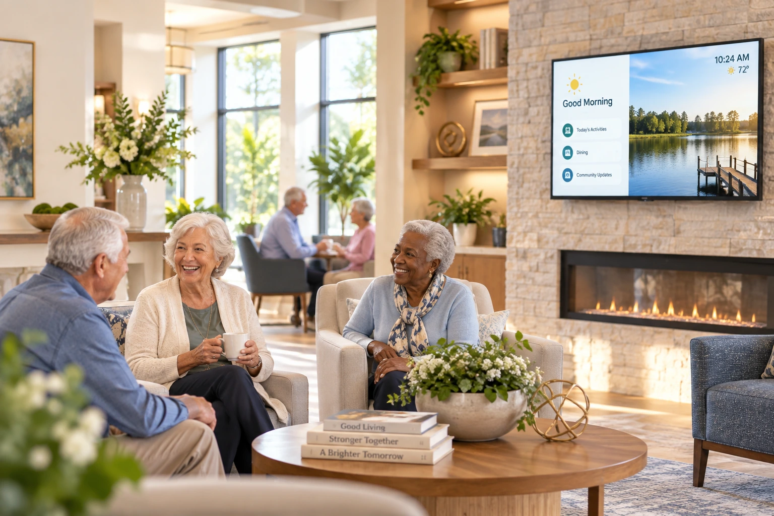 Senior living lounge with a wall-mounted display