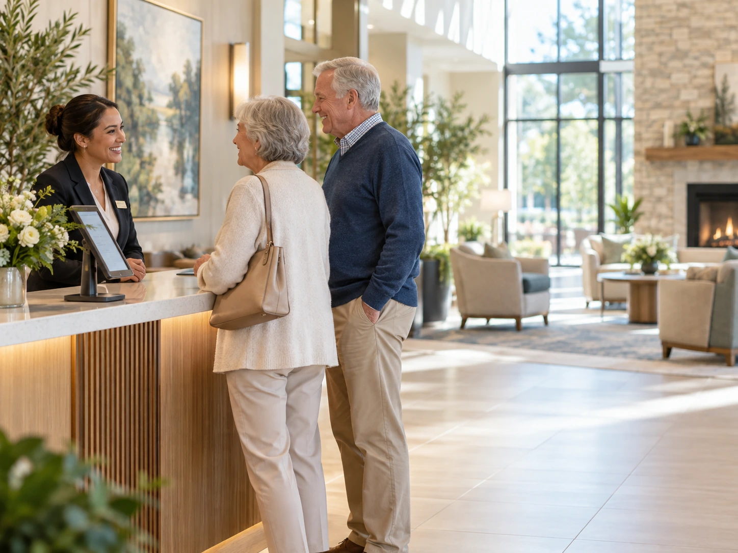 Warm senior living lobby