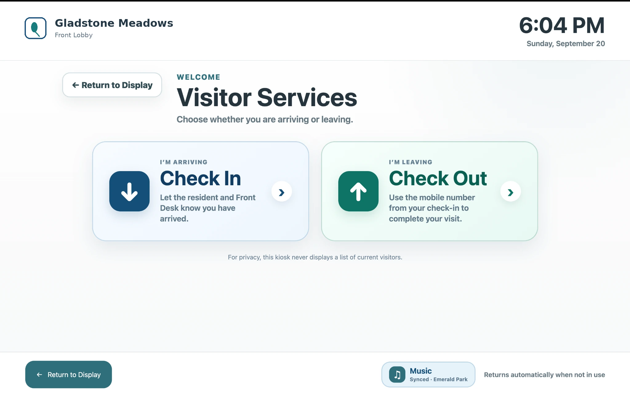 ChimeBuddy visitor services kiosk screen