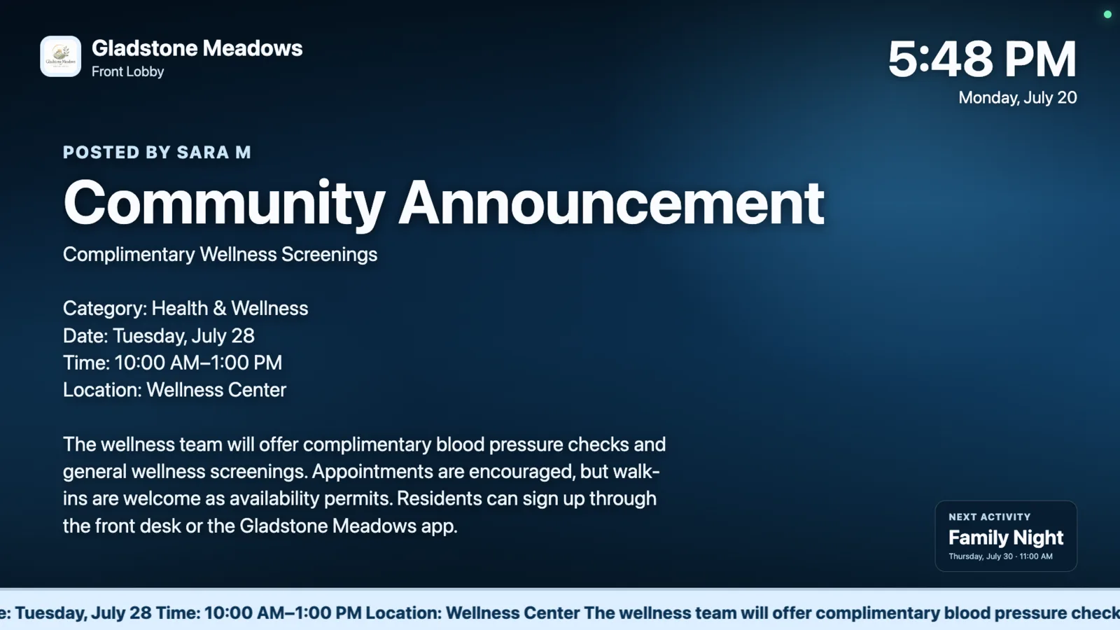 Senior living community announcement displayed on a ChimeBuddy digital signage screen
