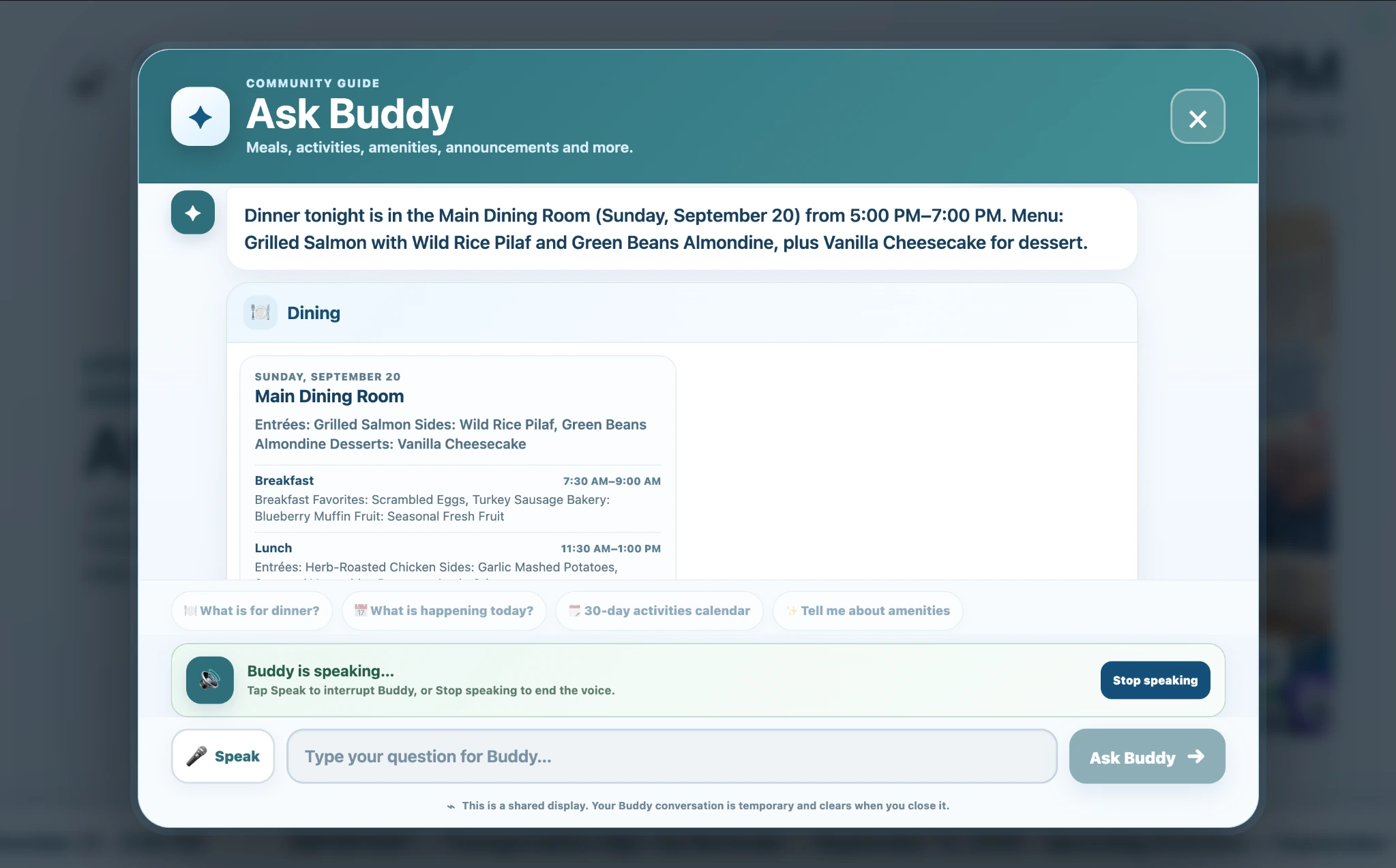 ChimeBuddy Buddy answering a resident question on the kiosk