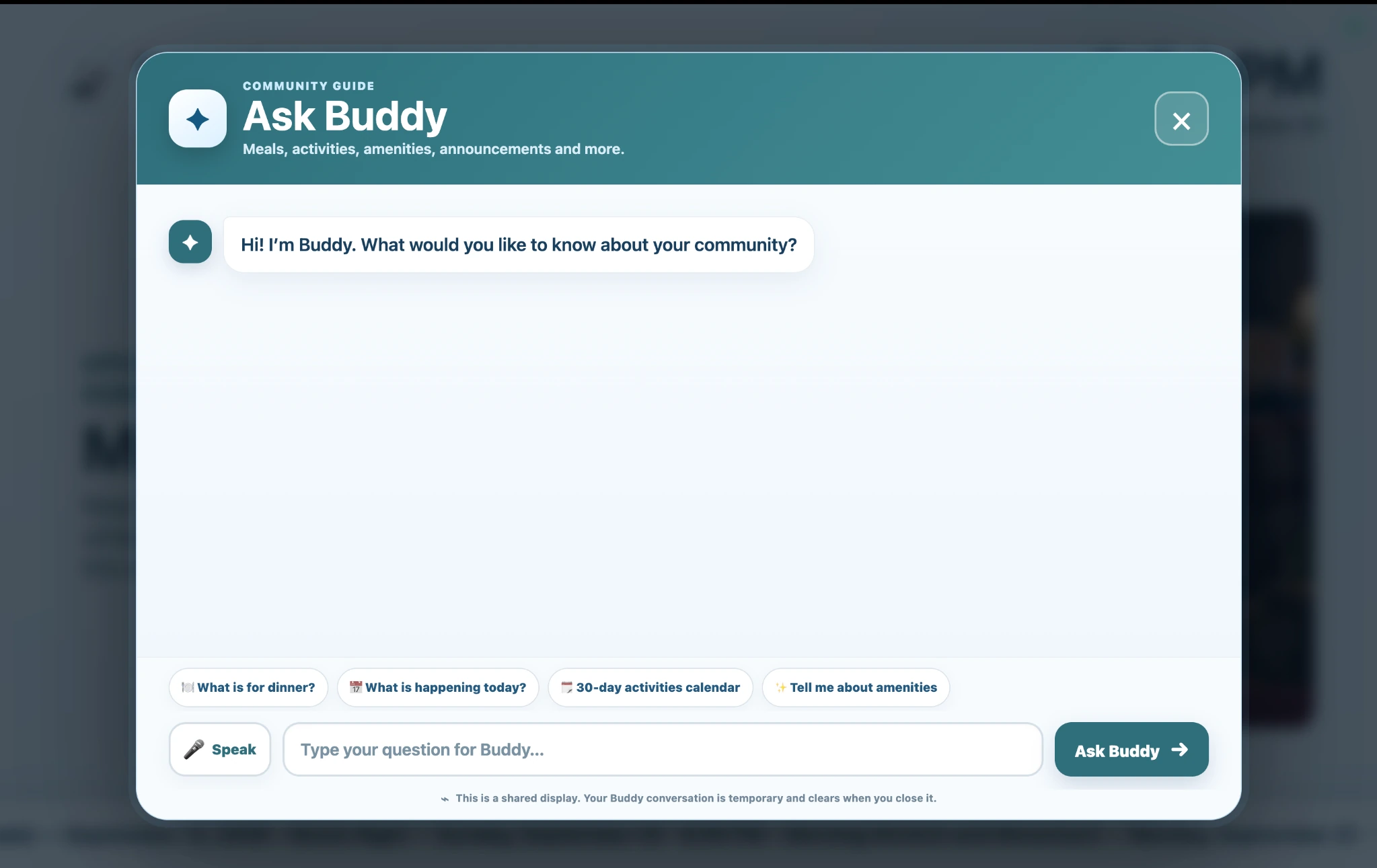 Ask Buddy home screen with suggested prompts on a senior living kiosk