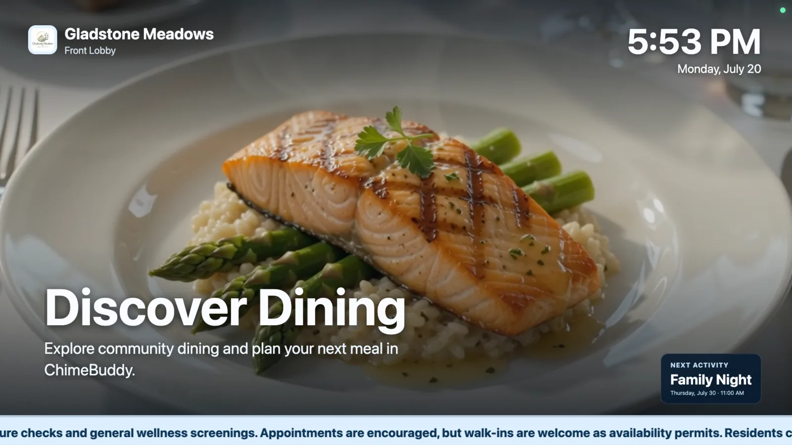 Dining promotion displayed on ChimeBuddy senior living digital signage