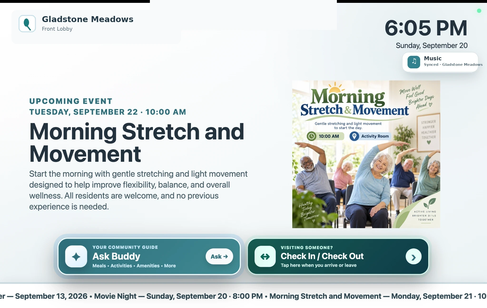 Upcoming senior living event displayed on digital signage