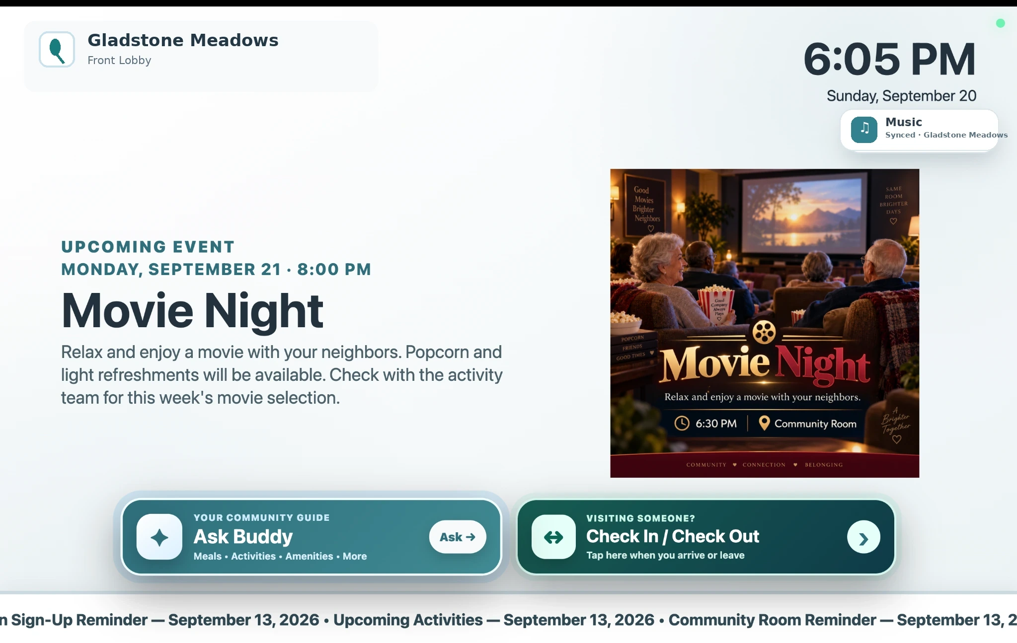 ChimeBuddy digital signage showing a community event