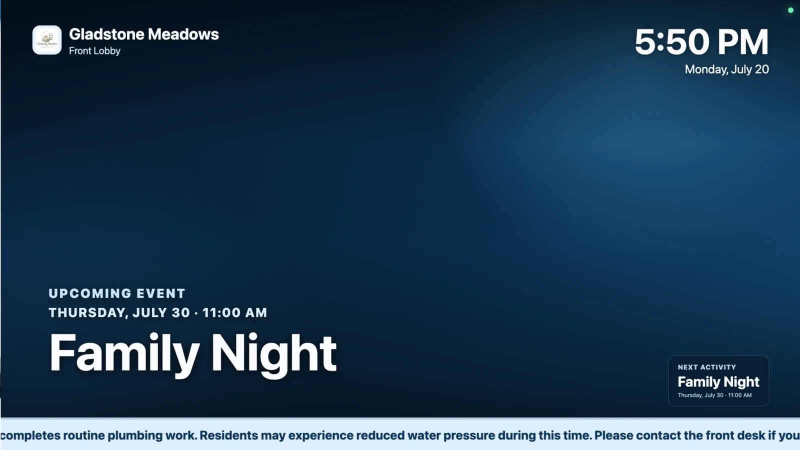 Upcoming senior living event displayed on digital signage