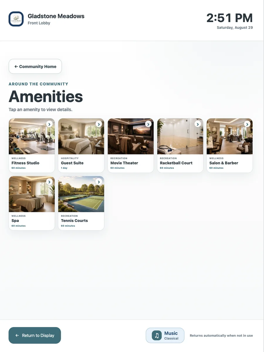 Senior living digital kiosk amenities browsing screen