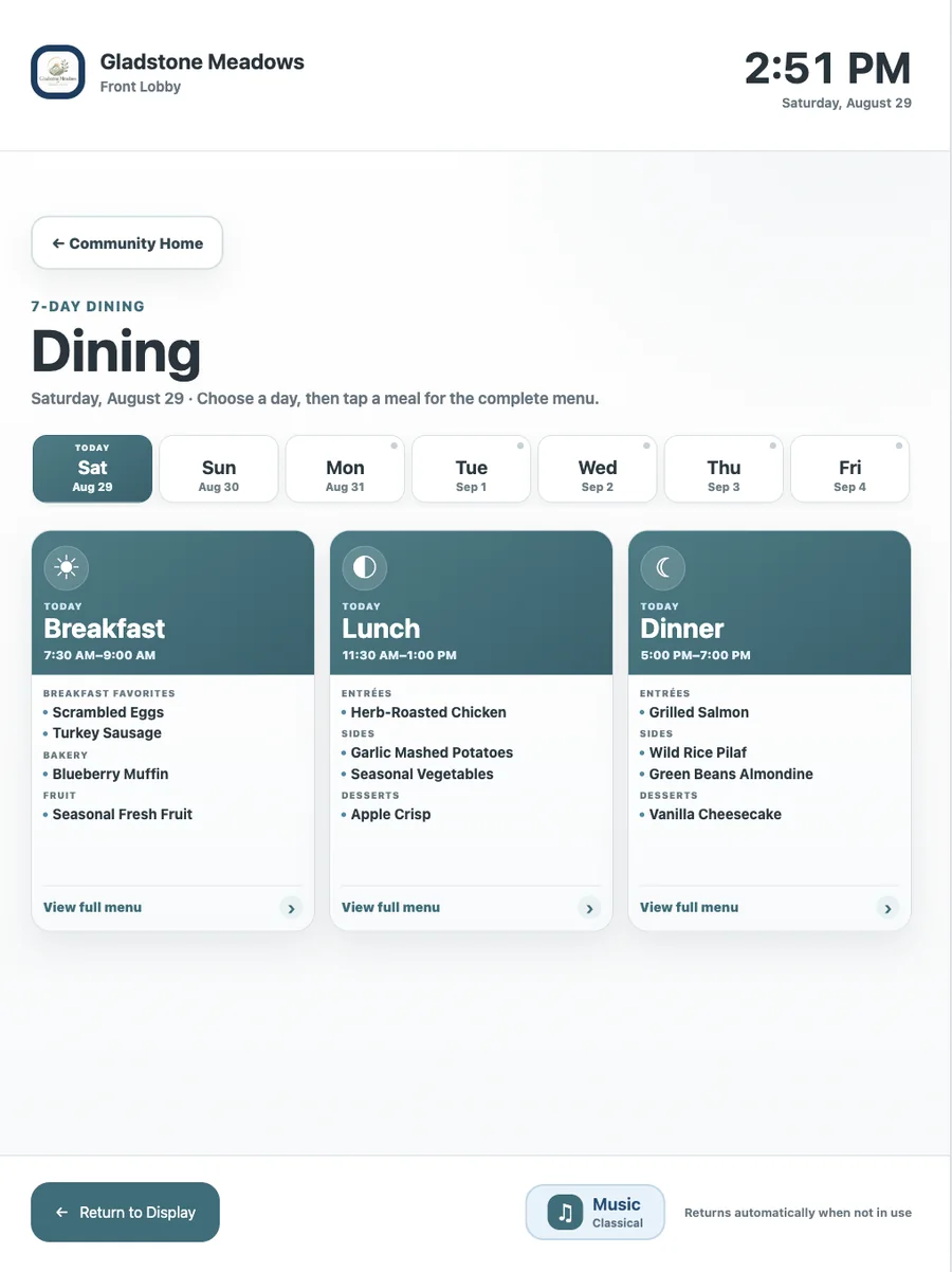 Senior living kiosk seven-day dining menu screen