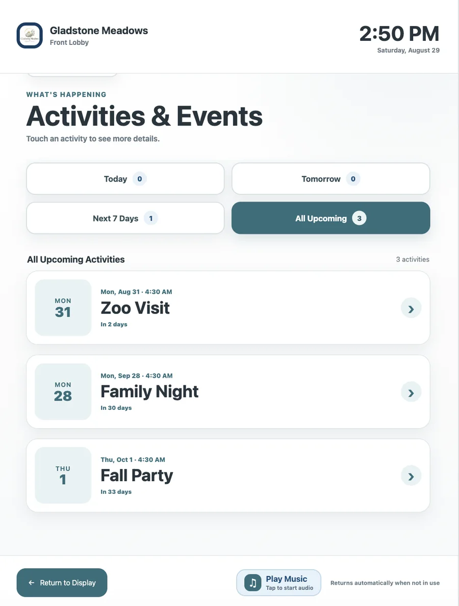 Senior living touchscreen kiosk activities and events screen
