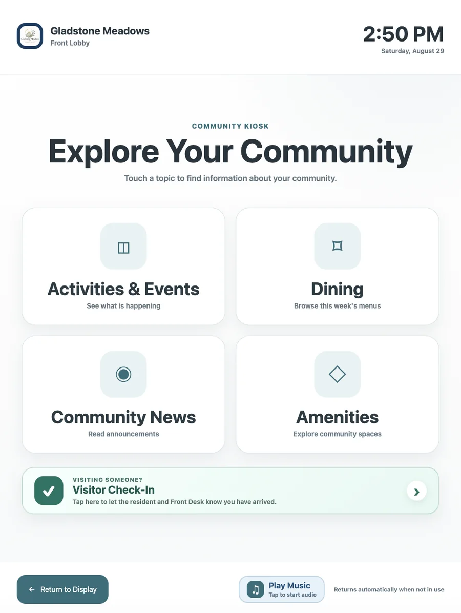 Interactive senior living community kiosk home screen