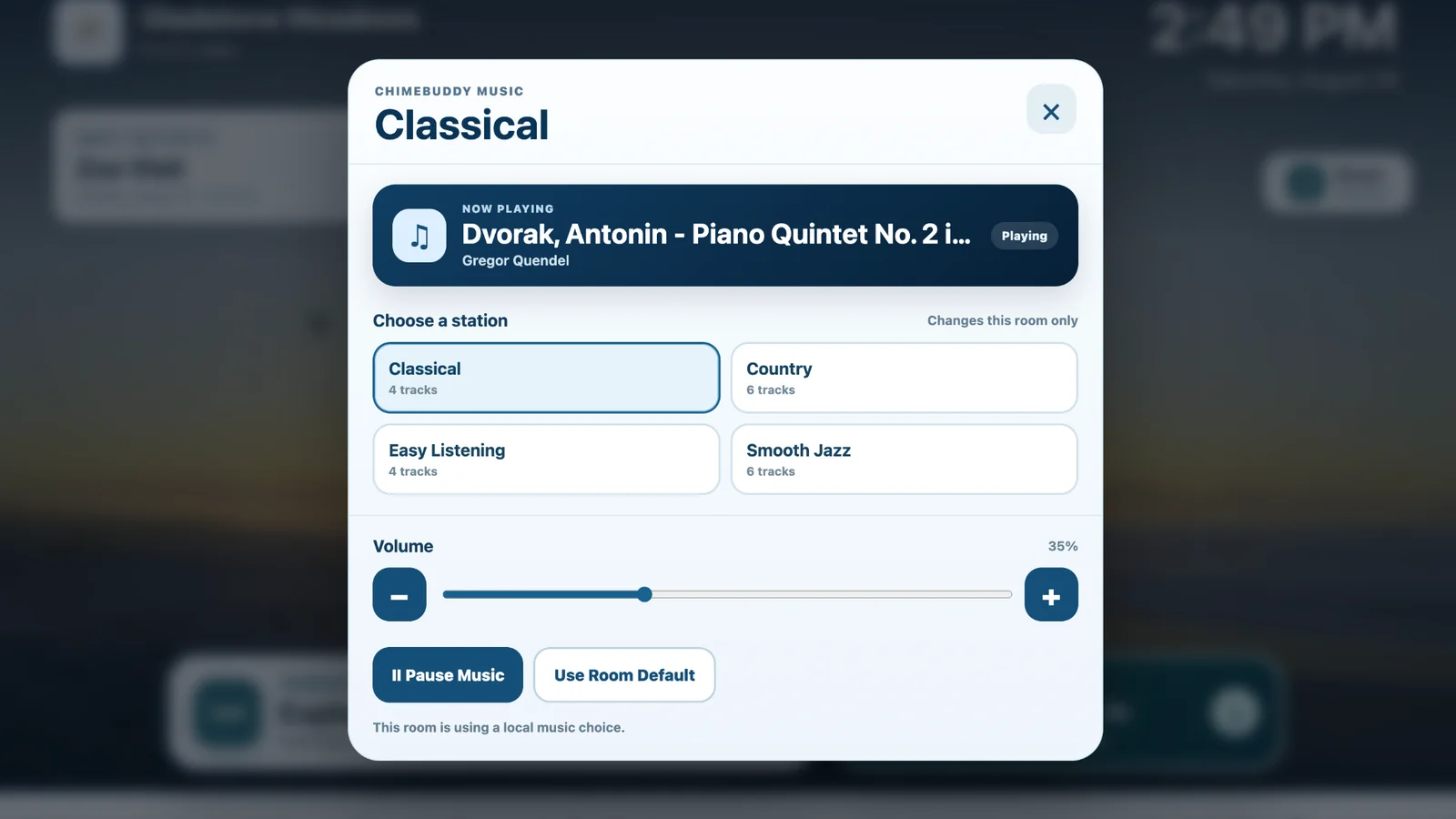 ChimeBuddy digital signage music controls with station selection and room volume