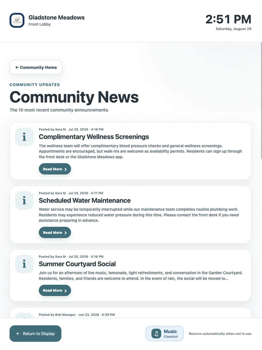 Senior living touchscreen kiosk community news and announcements screen