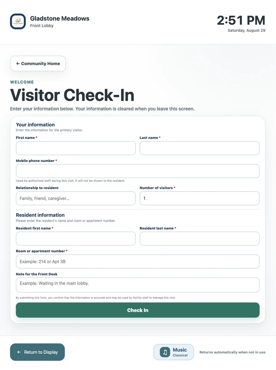 Visitor check-in form on an interactive senior living lobby kiosk