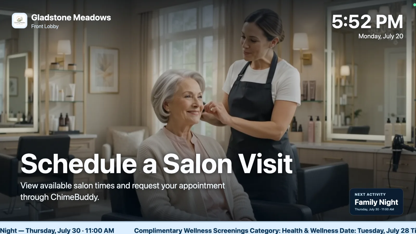 Senior living salon service promotion on a digital display