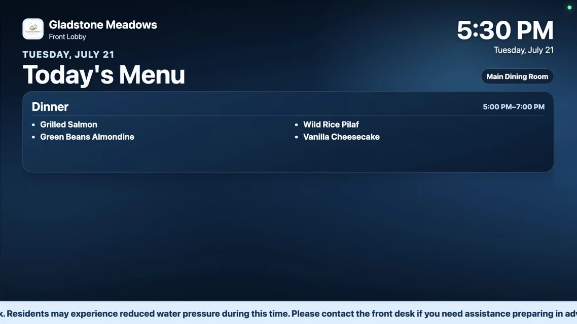 Today’s dinner menu displayed on ChimeBuddy senior living digital signage