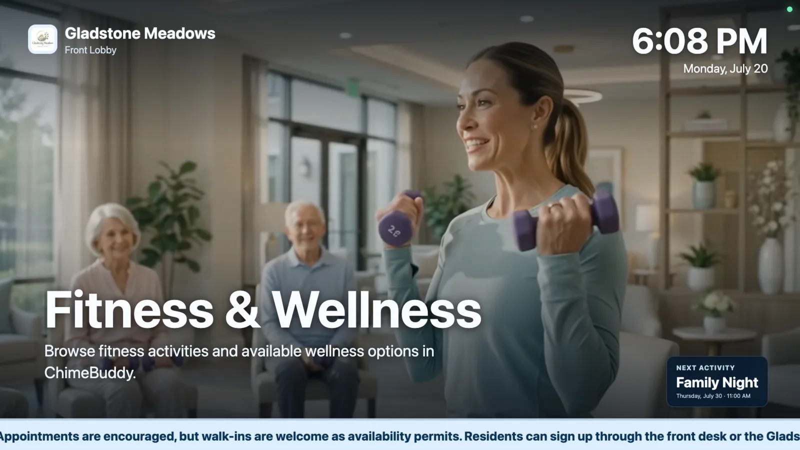 Fitness and wellness promotion displayed on senior living digital signage