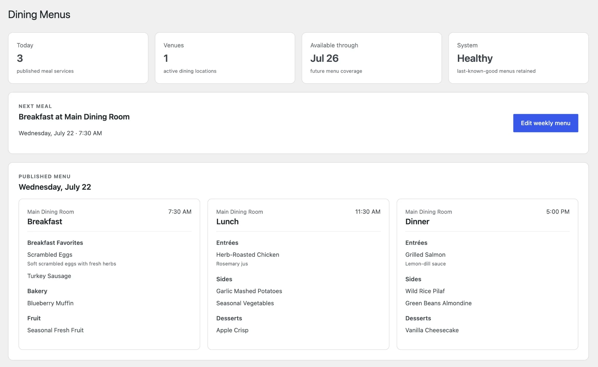 ChimeBuddy staff dining menu dashboard with breakfast lunch and dinner