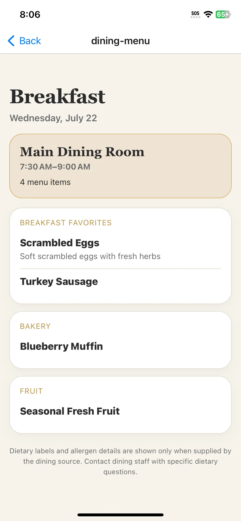 Breakfast menu detail organized into menu sections