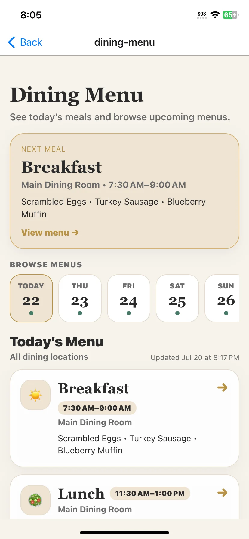 Dining menu app overview with the next meal and future dates
