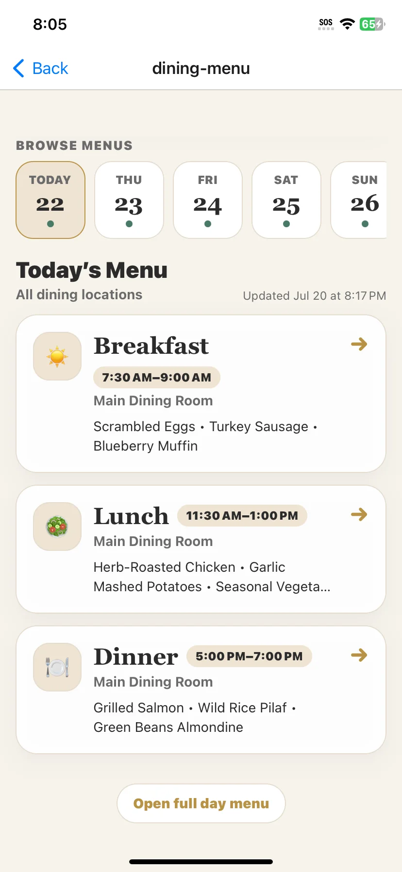 ChimeBuddy resident app showing breakfast, lunch, and dinner for today