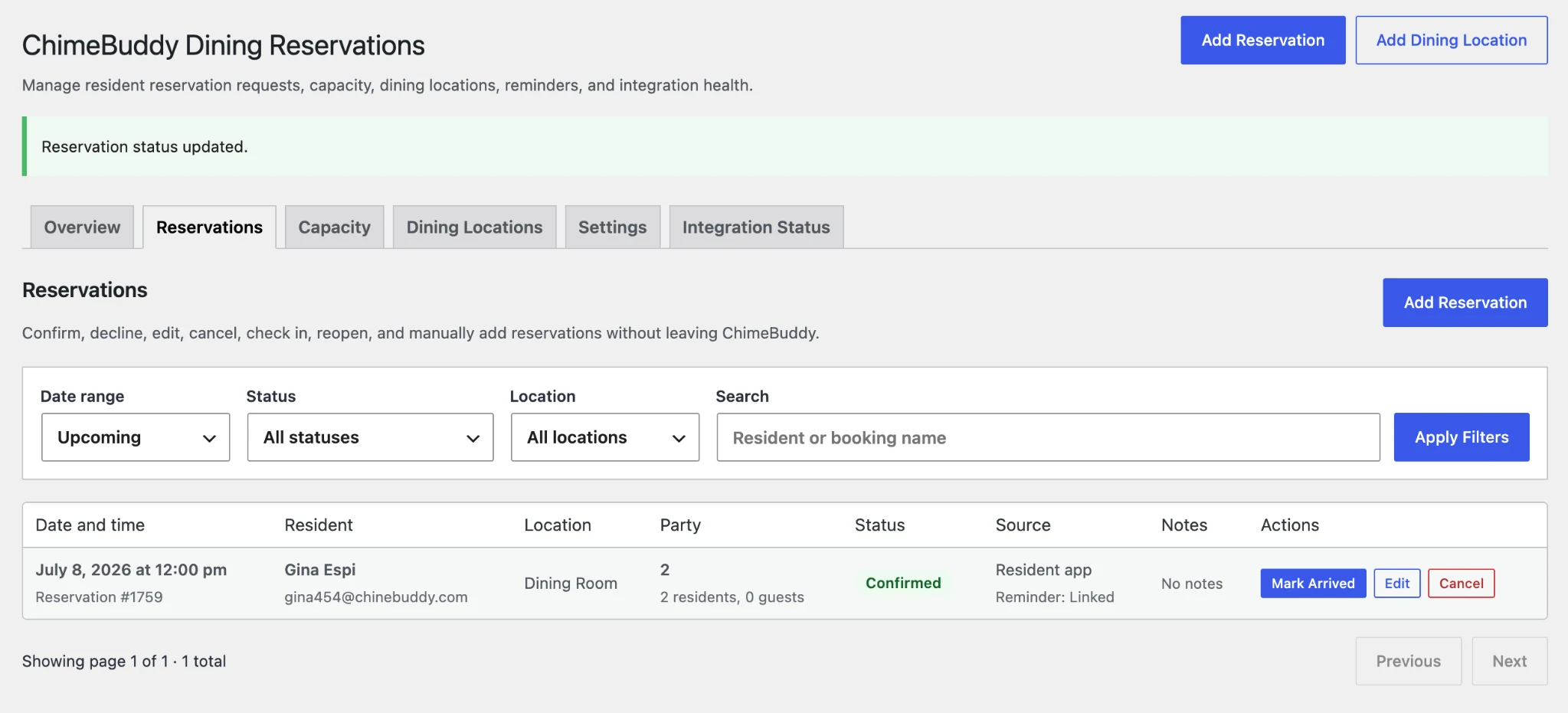 ChimeBuddy staff dashboard for managing dining reservations, statuses, and dining locations