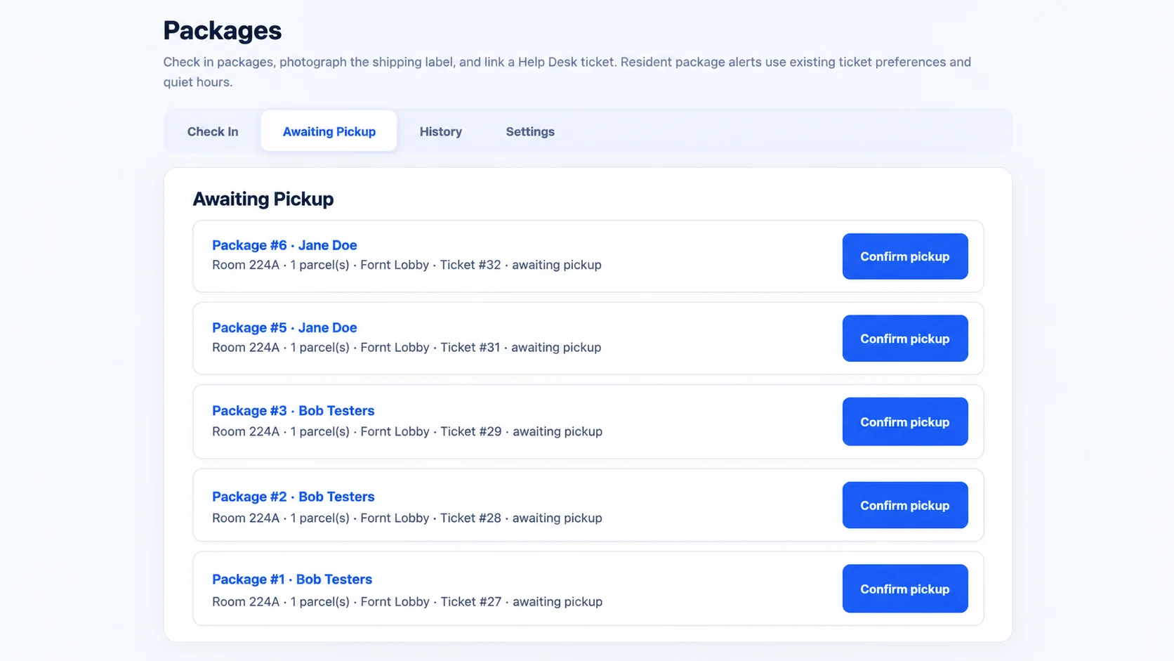 ChimeBuddy awaiting-pickup dashboard showing packages, resident names, room numbers, pickup locations and confirm pickup buttons
