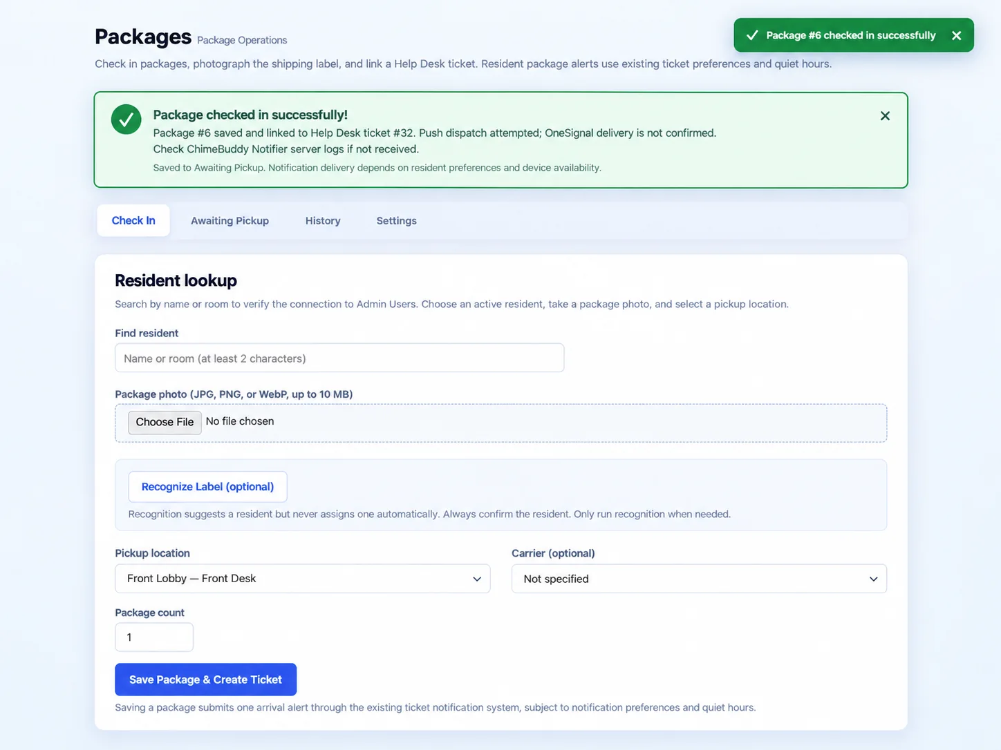 ChimeBuddy package check-in dashboard showing resident lookup, photo upload, AI label recognition and pickup location selection