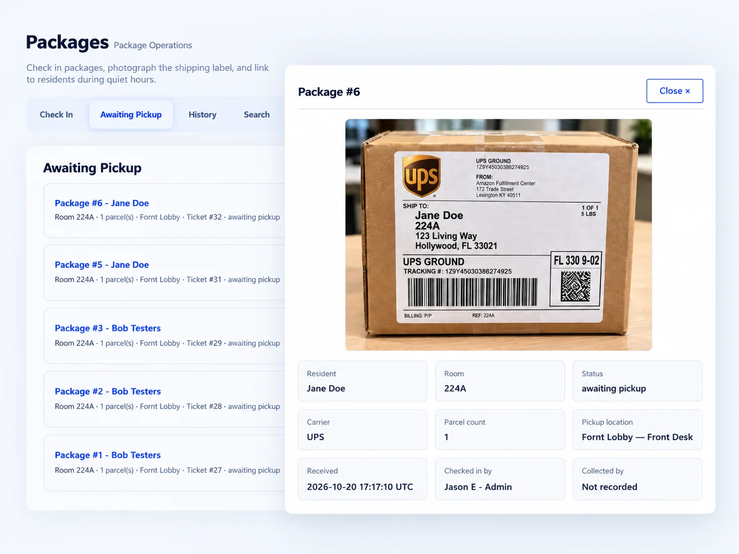 Package details in ChimeBuddy showing delivery photo, resident and room, status, carrier, pickup location, and check-in history