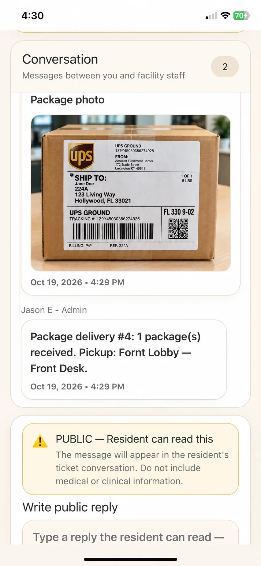 ChimeBuddy mobile Help Desk ticket conversation containing package photo, package-delivery notice and designated pickup location