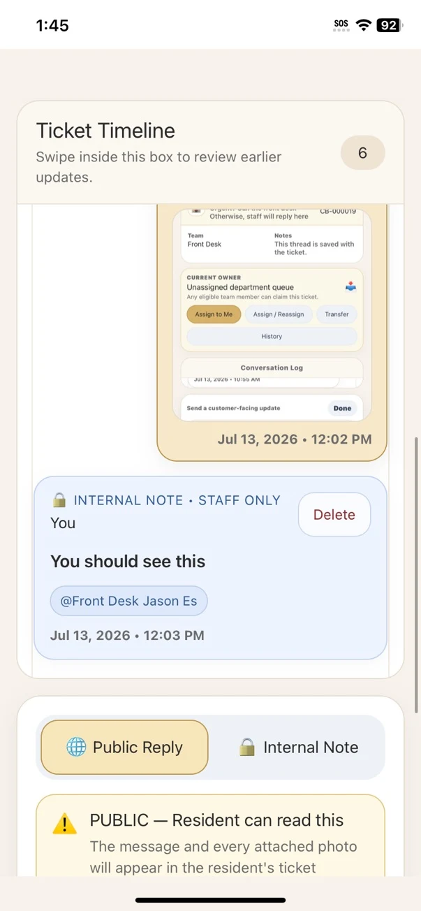 Staff-only internal ticket note with attached visual context