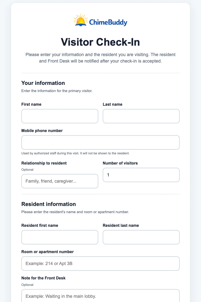 ChimeBuddy visitor self check-in form