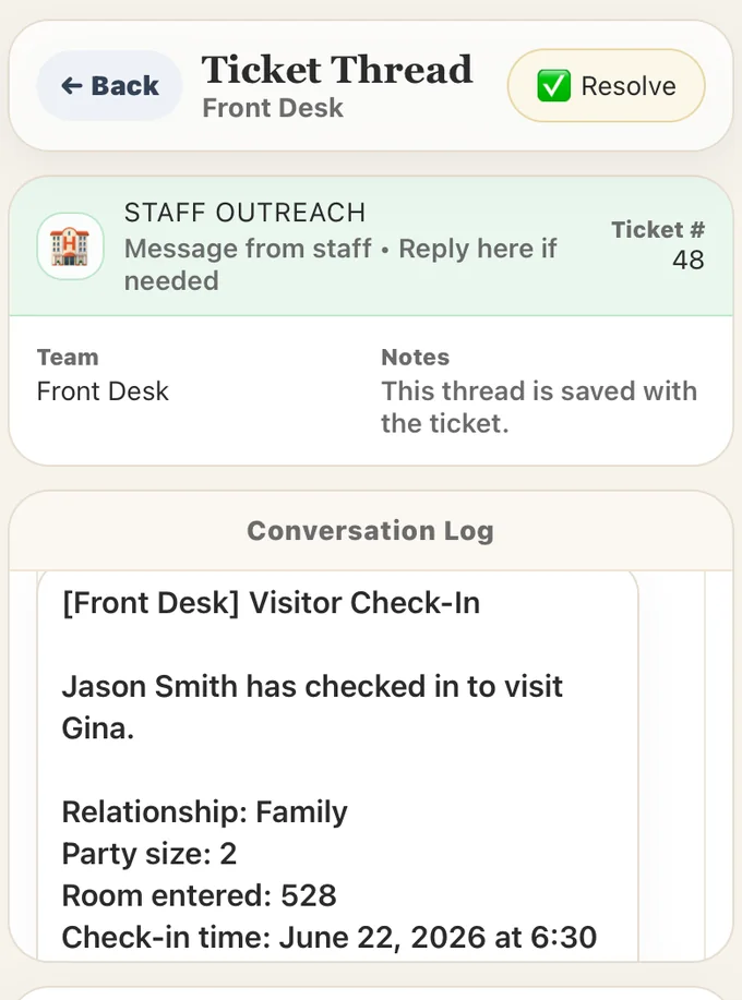 ChimeBuddy Front Desk ticket created from a visitor check-in