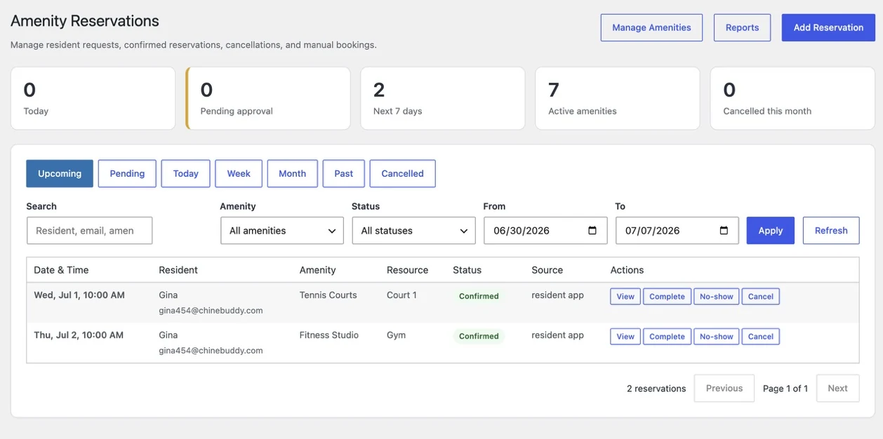 ChimeBuddy staff dashboard for managing amenity reservations