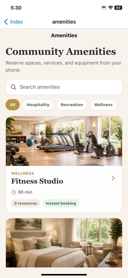 ChimeBuddy community amenities browsing screen