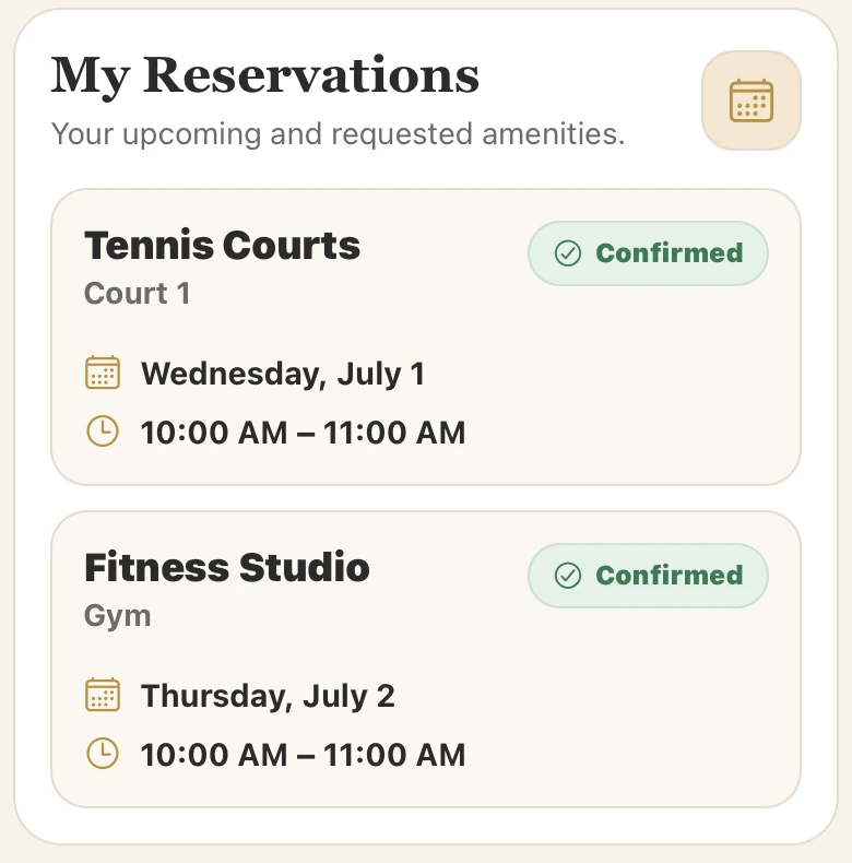ChimeBuddy upcoming amenity reservations with confirmed status