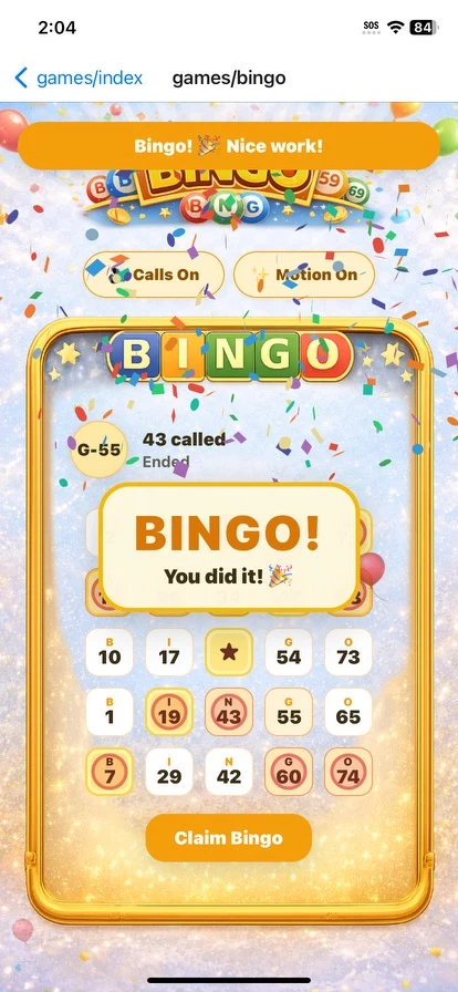 Updated ChimeBuddy Bingo celebration screen with confetti, called number, motion control, and claim Bingo button