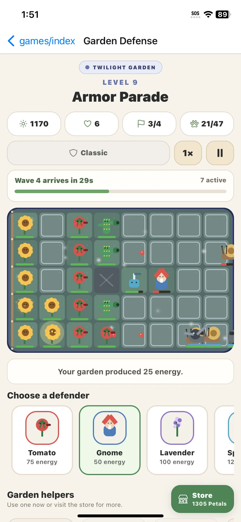 Buddy Defense gameplay with garden lanes, defenders, enemies, energy, waves, and store access