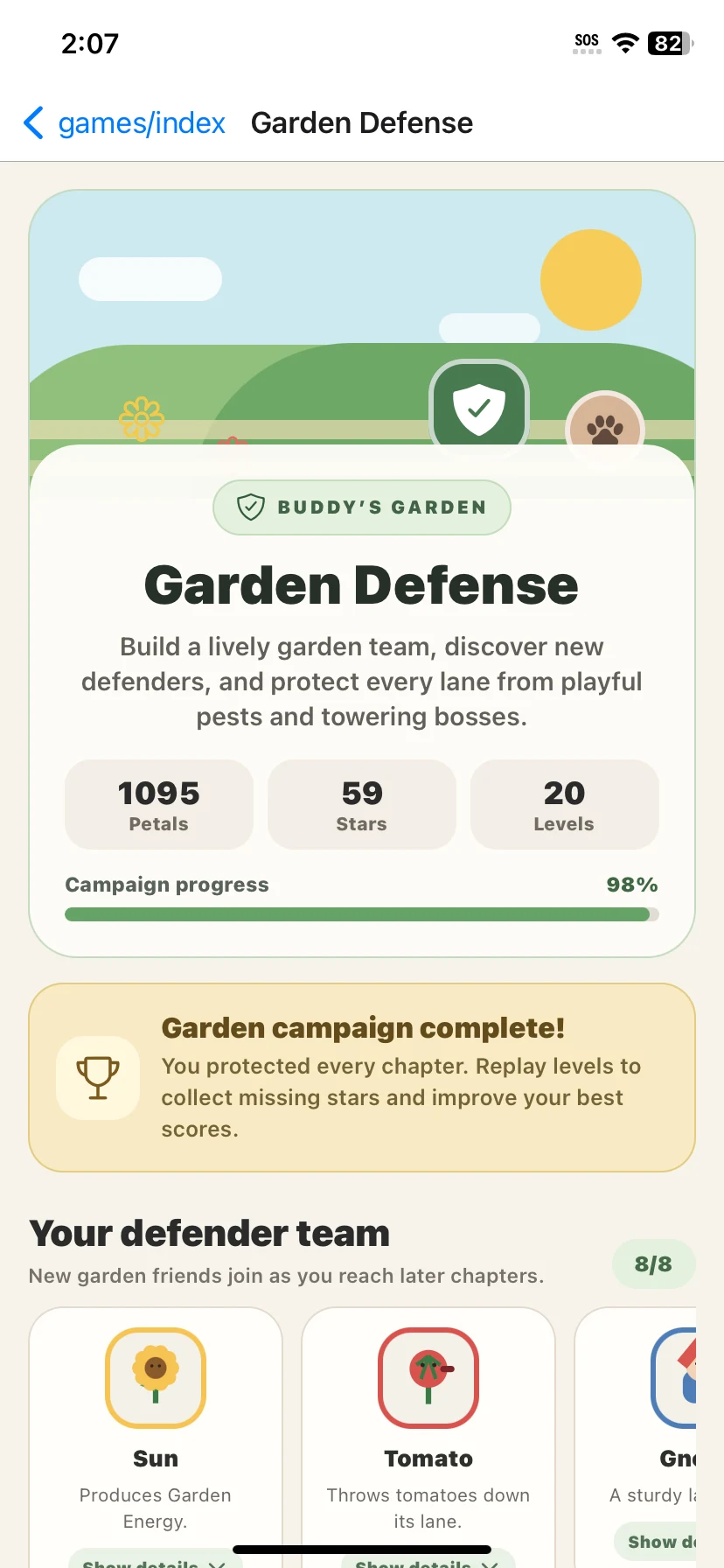 Buddy Defense campaign overview with progress, levels, and defender team
