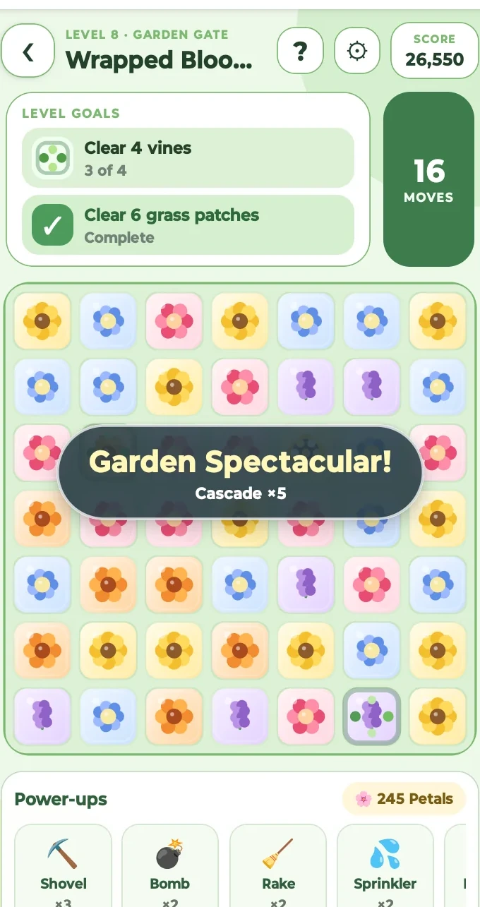 Buddy's Garden game board with colorful garden pieces, goals, moves, and power-ups