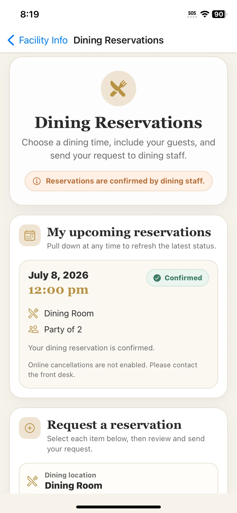 ChimeBuddy resident dining reservations screen showing upcoming reservations and a reservation request form