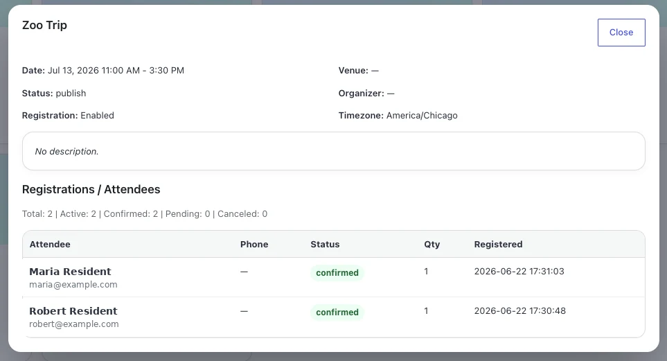 ChimeBuddy staff event attendee and registration list