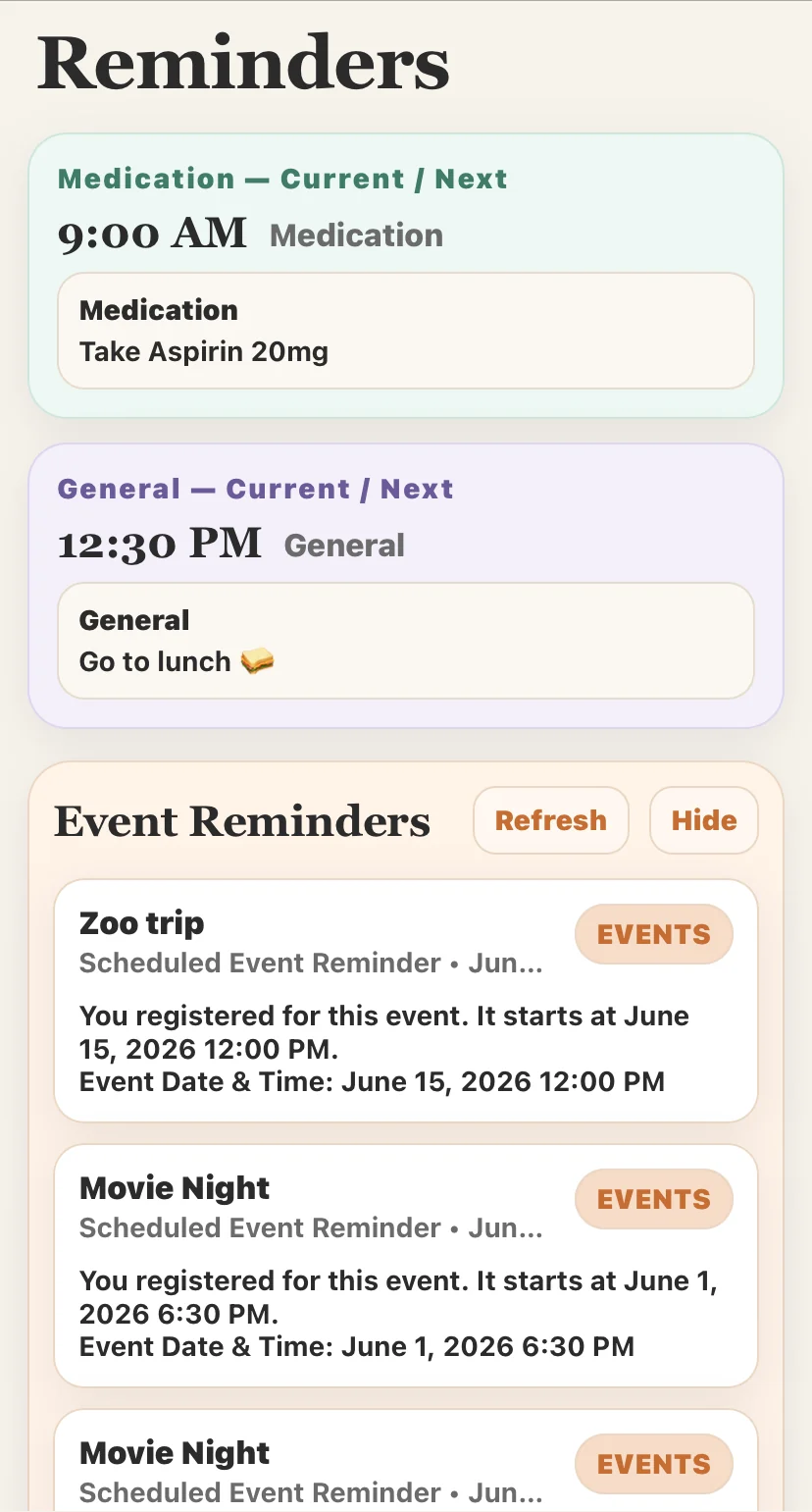 ChimeBuddy event reminder list for registered activities